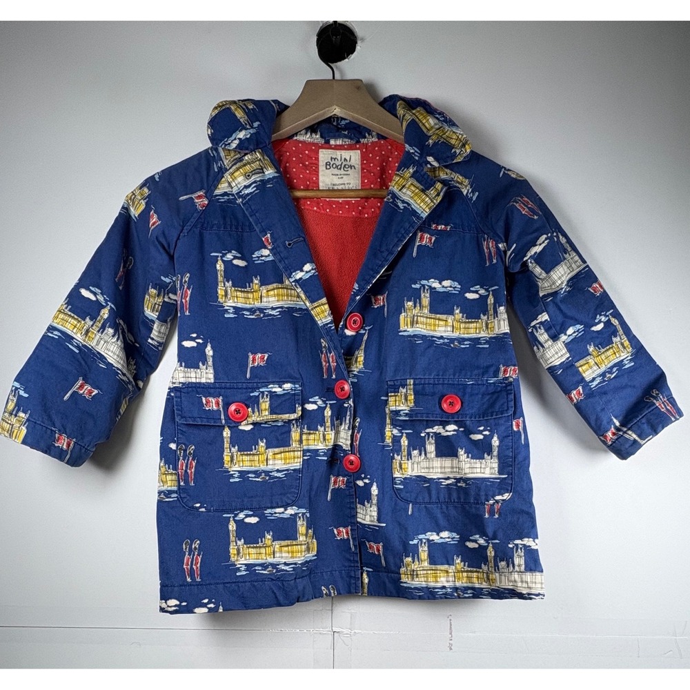 Mini Boden Londonscapes Blue Red Button Up Kids Jacket Sz 4-6Y Blue Red